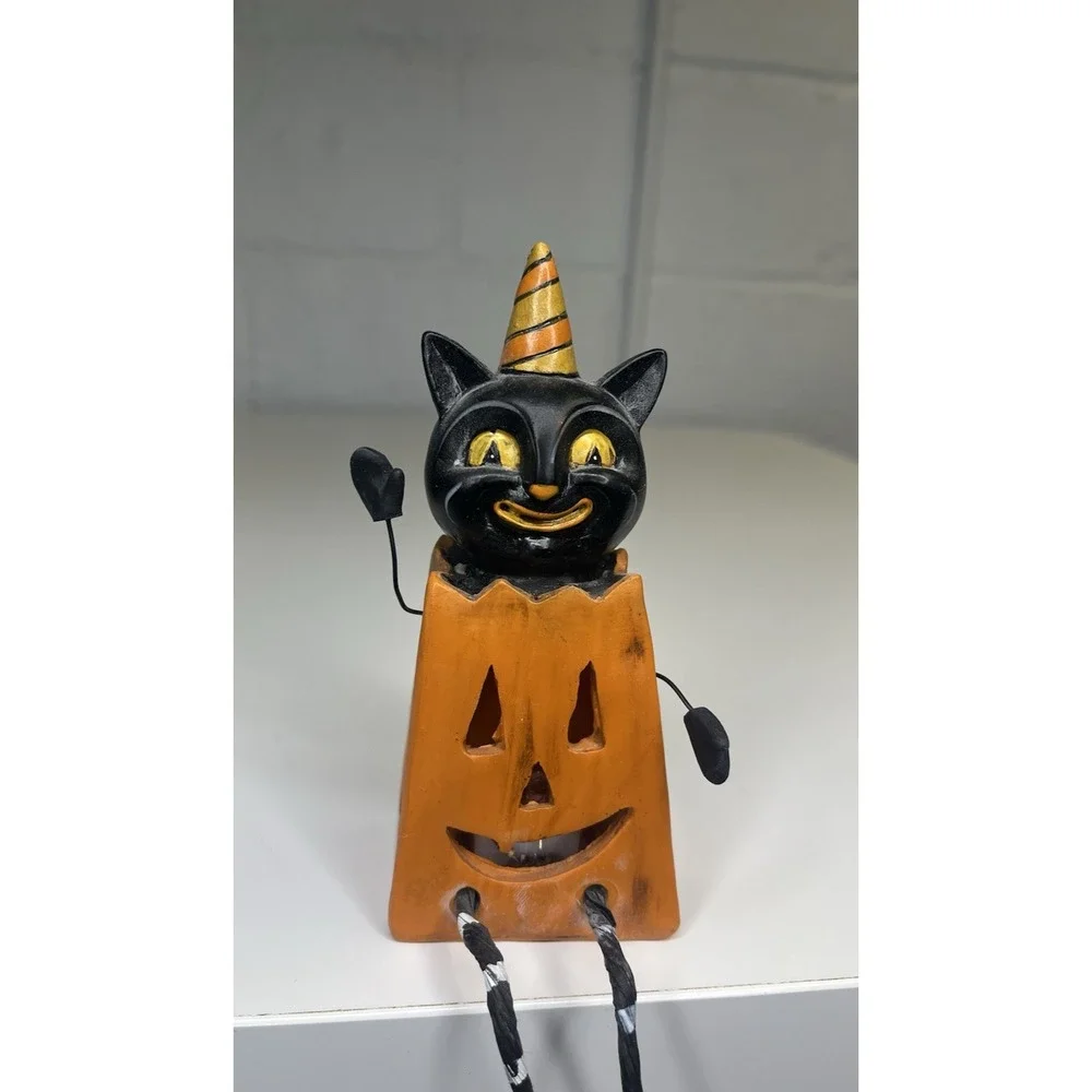 JOHANNA PARKER Retro Cat Pumpkin Shelf Sitter Light Up Treat Bag‎ jack o lantern